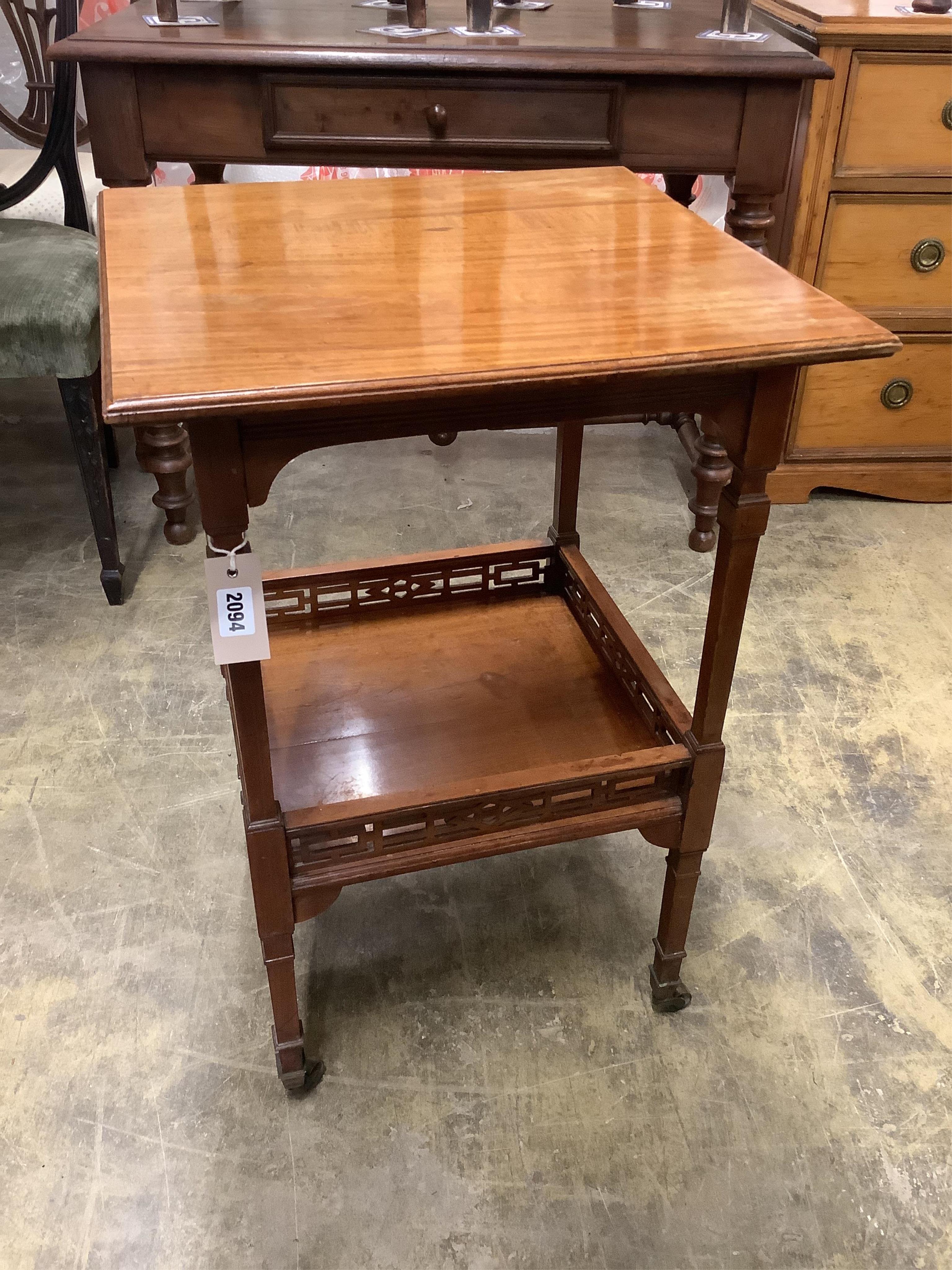 A late Victorian satinwood square top two tier occasional table, width 48cm, depth 47cm, height 72cm. Condition - fair